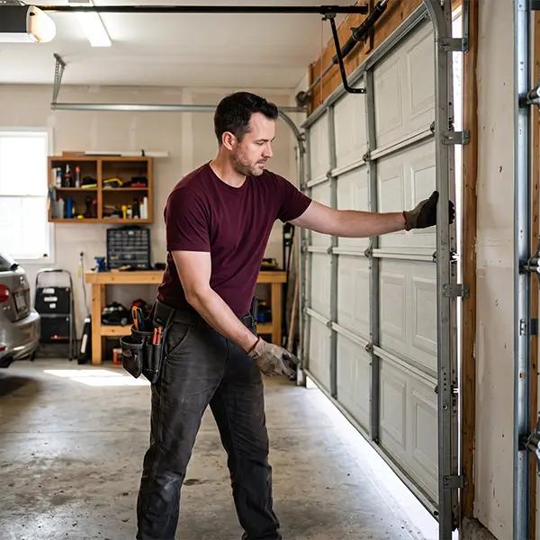 Technician performing affordable residential garage door repair in Manvel Texas