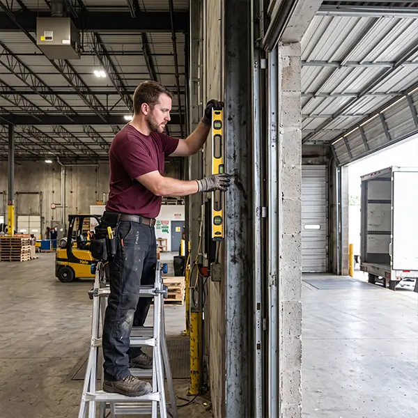 Technician performing commercial garage door installation and replacement in Manvel Texas