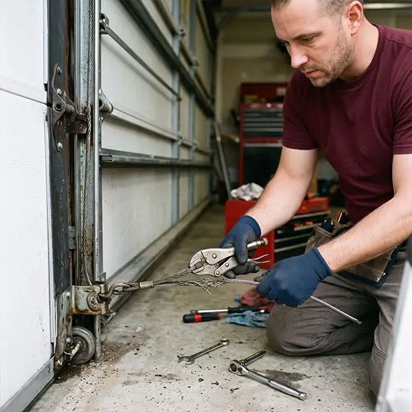 Technician replacing garage door cables