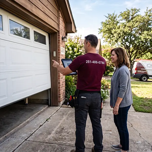 Technician performing exactness replacement of garage door cables and heavy steel tracks in Manvel Texas
