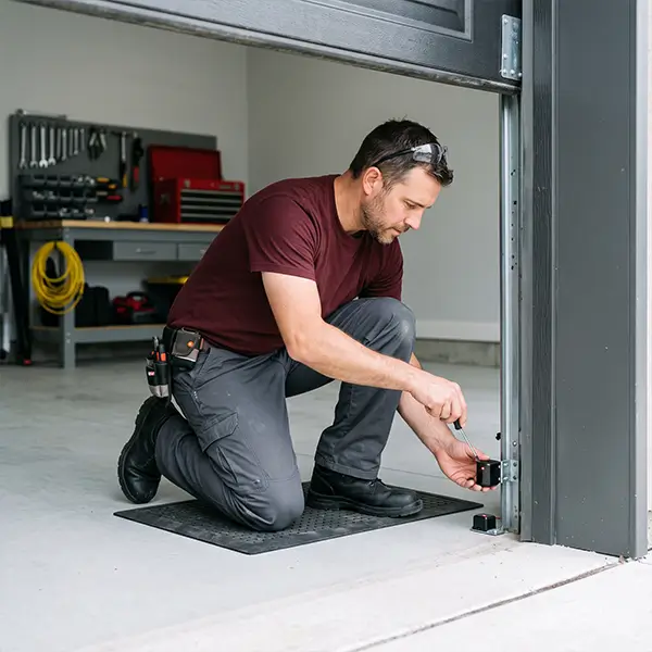 Technician performing garage door track and roller maintenance in Manvel Texas