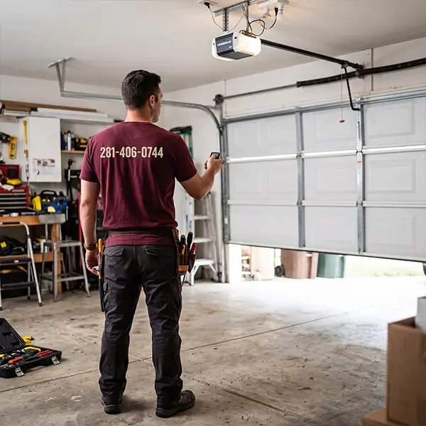 Technician performing garage door opener installation and upgrade in Manvel Texas