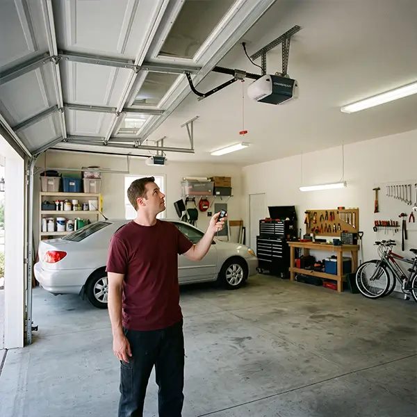 Technician inspecting a residential garage door