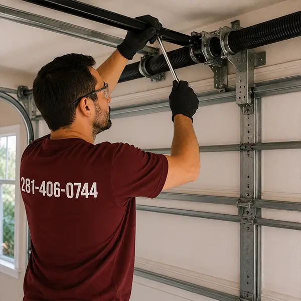 Technician performing same-day garage door spring repair in Manvel Texas