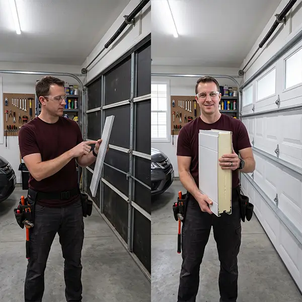 Technician performing garage door replacement in Manvel Texas