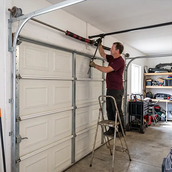 Technician performing a final garage door safety test