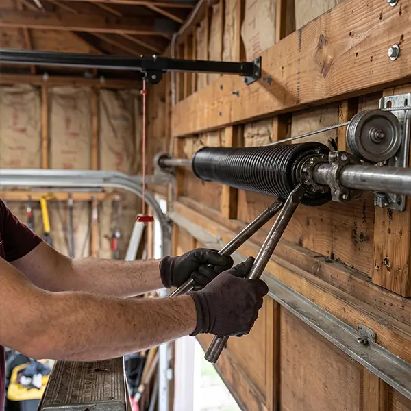 Technician repairing a garage door spring
