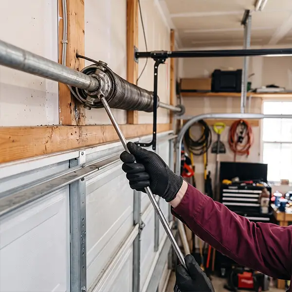 Technician performing garage door springs tension adjustment and balancing in Manvel Texas